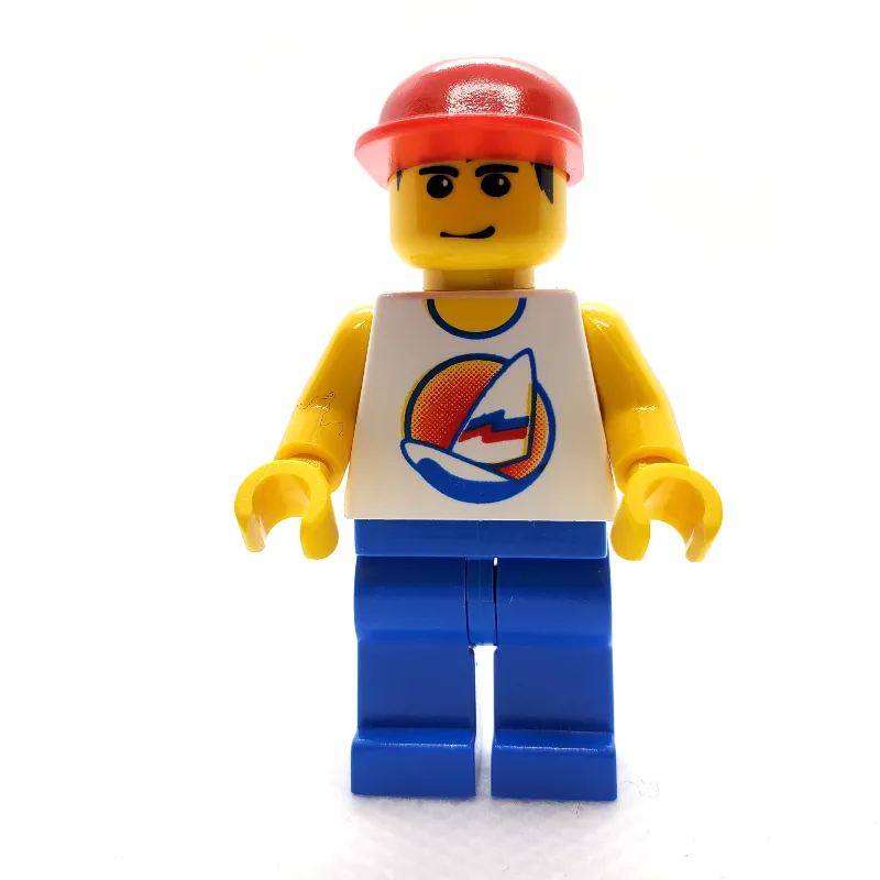 Man, White Tank Top with Windsurfer, Blue Legs, Red Cap