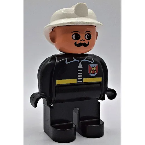 Duplo Figure, Early, Fire Helmet White, Black Legs, Fire Jacket with Zipper, Moustache Print