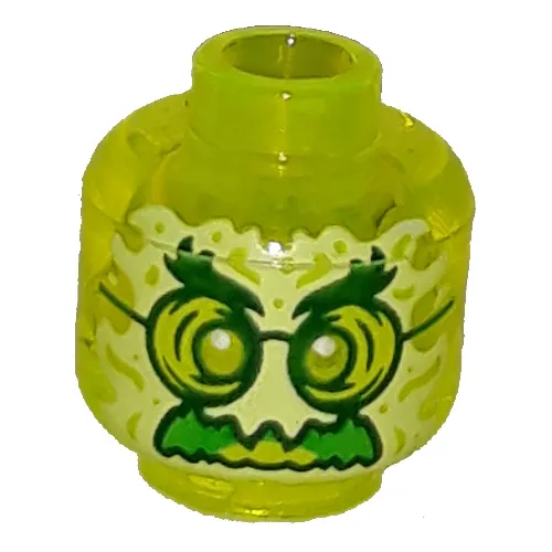 Minifig Head Ghost, with Yellowish Green Face, Bushy Eyebrows, Glasses, Angry and Flames in Back Print