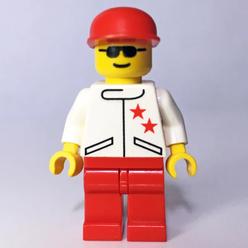 Racer, White Jacket with 2 Stars, Red Cap, Sunglasses