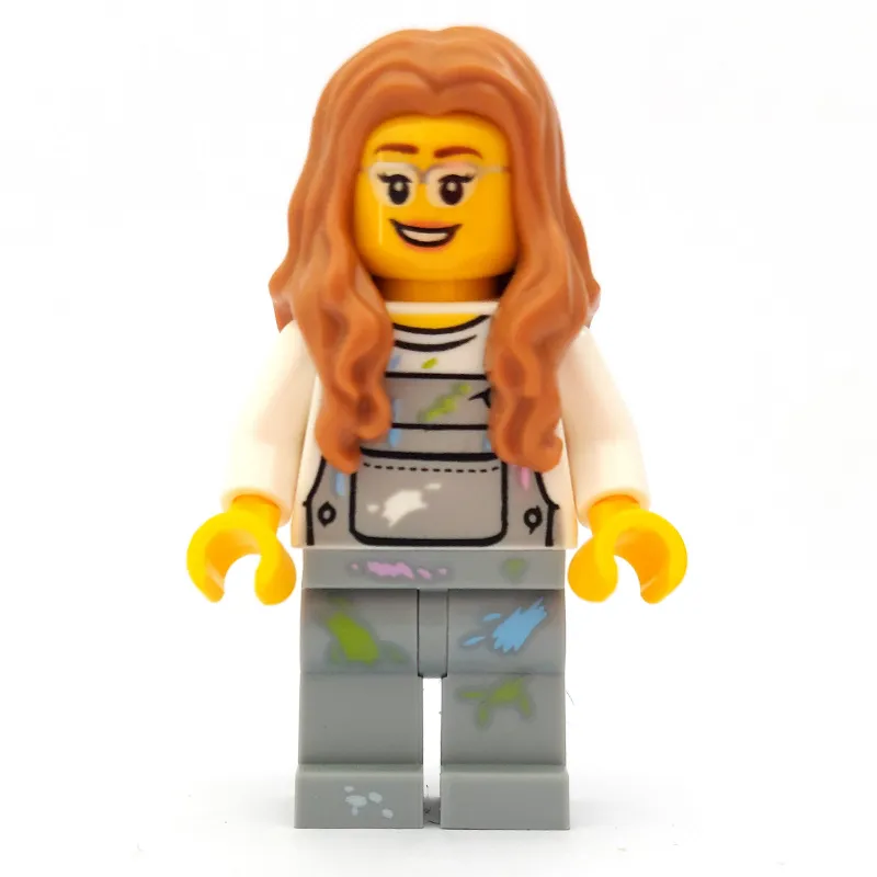 Woman, Light Bluish Gray Overalls with Paint Stains, Medium Nougat Hair, Glasses