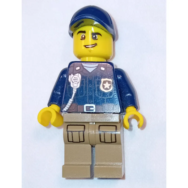 Policeman, Dark Blue Shirt with Radio and Badge, Dark Tan Legs, Dark Blue Cap