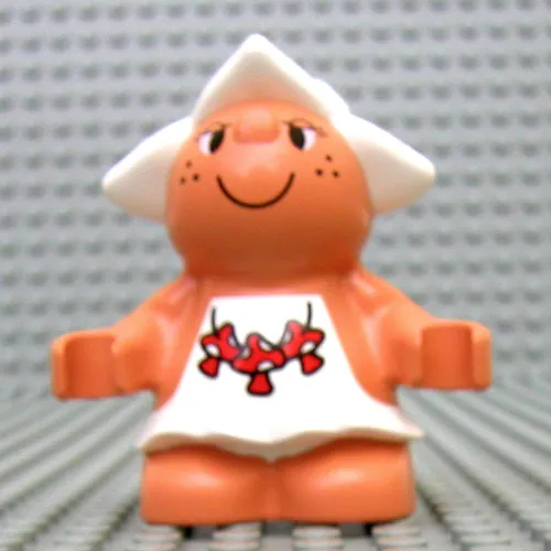 Duplo Figure Little Forest Friend, Female with White Dress with Three Red Mushrooms Print (Snoozy Meadowsweet)