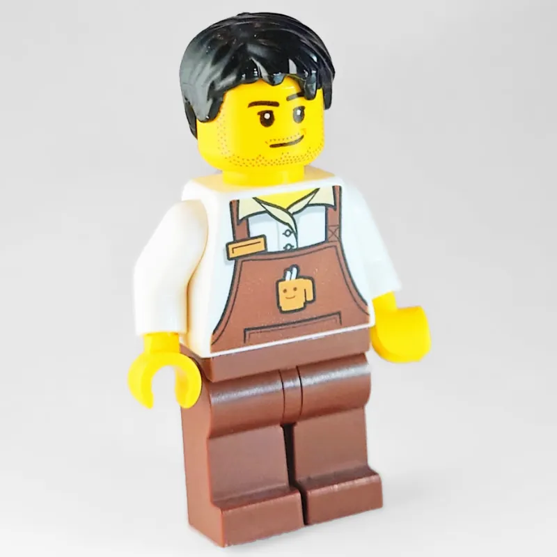 Barista, Man, White Shirt, Reddish Brown Apron, Black Hair