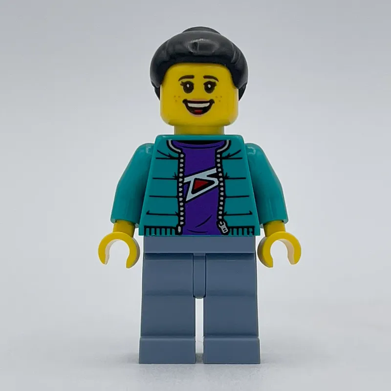 Woman, Dark Turquoise Jacket, Sand Blue Legs, Black Hair