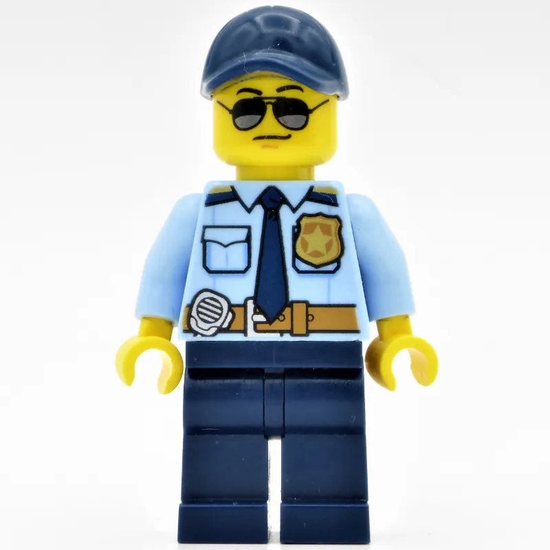 Policeman, Bright Light Blue Shirt with Dark Blue Tie, Badge, and Radio on Belt, Dark Blue Cap, Sunglasses