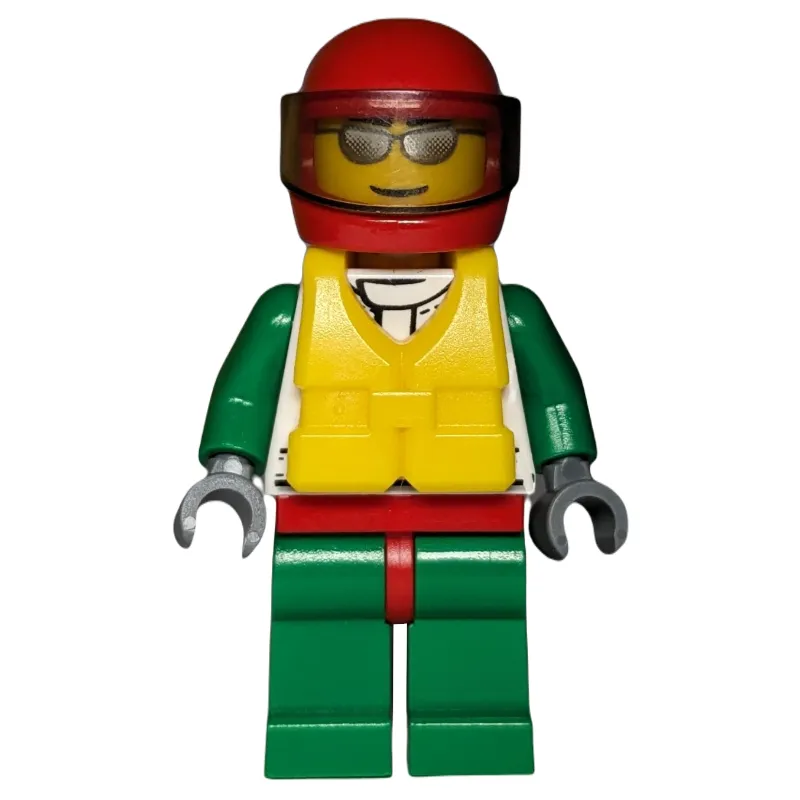 Racer, White and Green Jacket with Octan Logo, Red Helmet with Trans-Brown Visor, Yellow Life Vest, Silver Sunglasses