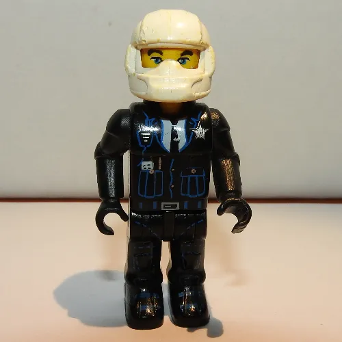 Juniors Minifig, Police - Black Legs, Black Jacket, White Helmet, Yellow Head
