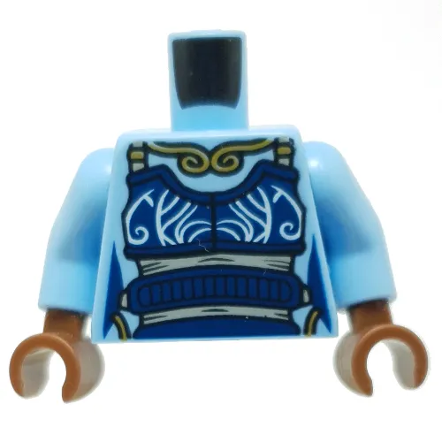 Torso Tunic, Dark Blue Apron, Gold Necklace Print, Bright Light Blue Arms, Reddish Brown Hands