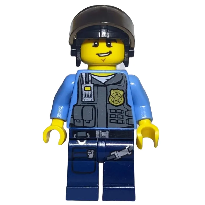 Policeman, Dark Bluish Gray Vest with Radio, Badge and Pouches over Medium Blue Shirt, Black Hat with Visor, Open Mouth
