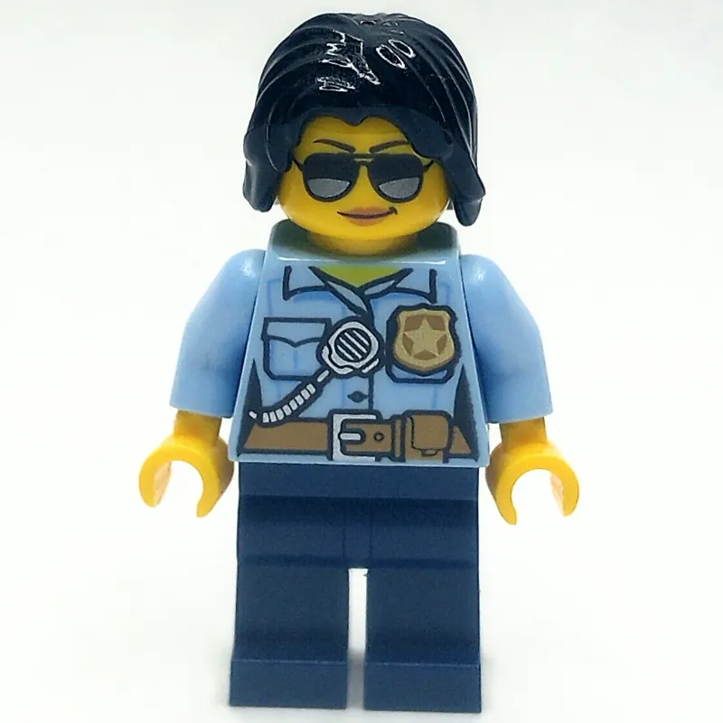 Policewoman, Bright Light Blue Shirt with Radio and Badge, Dark Blue Legs, Black Hair, Sunglasses