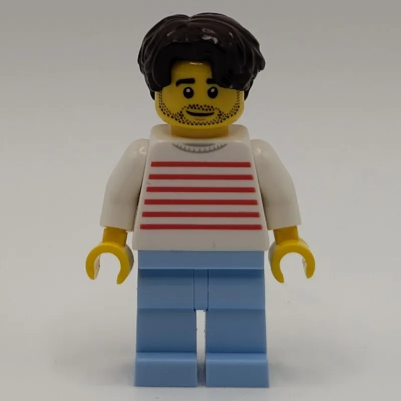 White Striped Torso, Bright Light Blue Legs, Dark Brown Hair