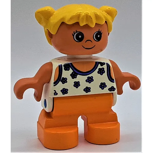 Duplo Figure, Early Child, with Pigtails Yellow, Orange Legs, Blue Flowers Print