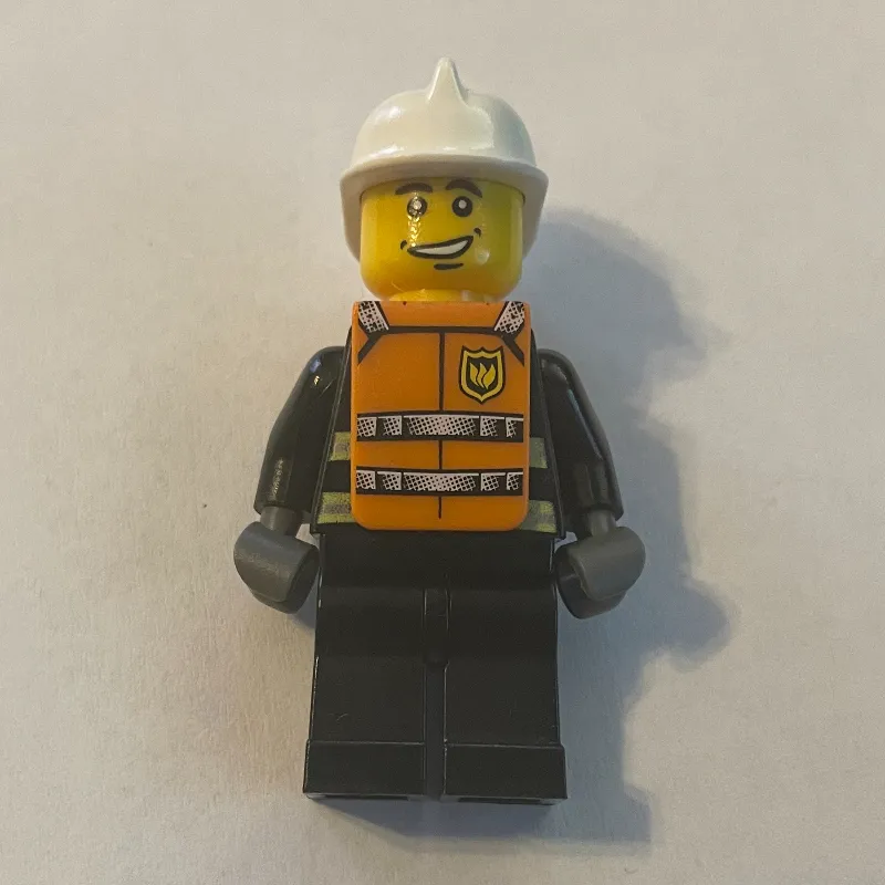 Fireman, Black Fire Jacket with Reflective Stripes, Radio, and Badge, White Helmet, Orange Vest