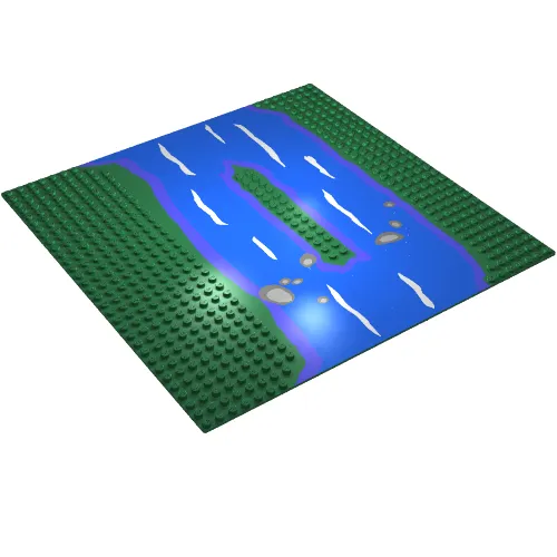 Baseplate 32 x 32 Split with 2 x 14 Center Studs, Island with River Print
