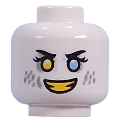 Minifig Head Dizzy, Yellow Left, Bright Light Blue Right Eye, Light Bluish Grey Eyeshadow, Spots, Yellow Teeth, Mean Smile/Angry Grin