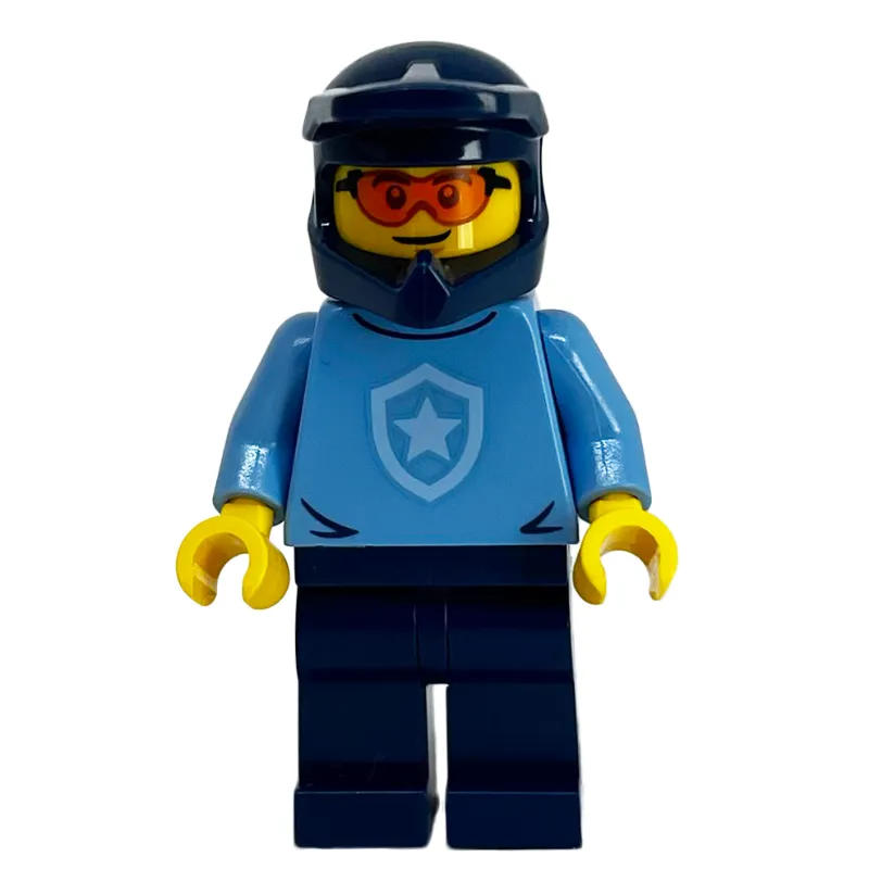 Police Officer, Sweater with Police Badge, Dark Blue Helmet, Orange Glasses