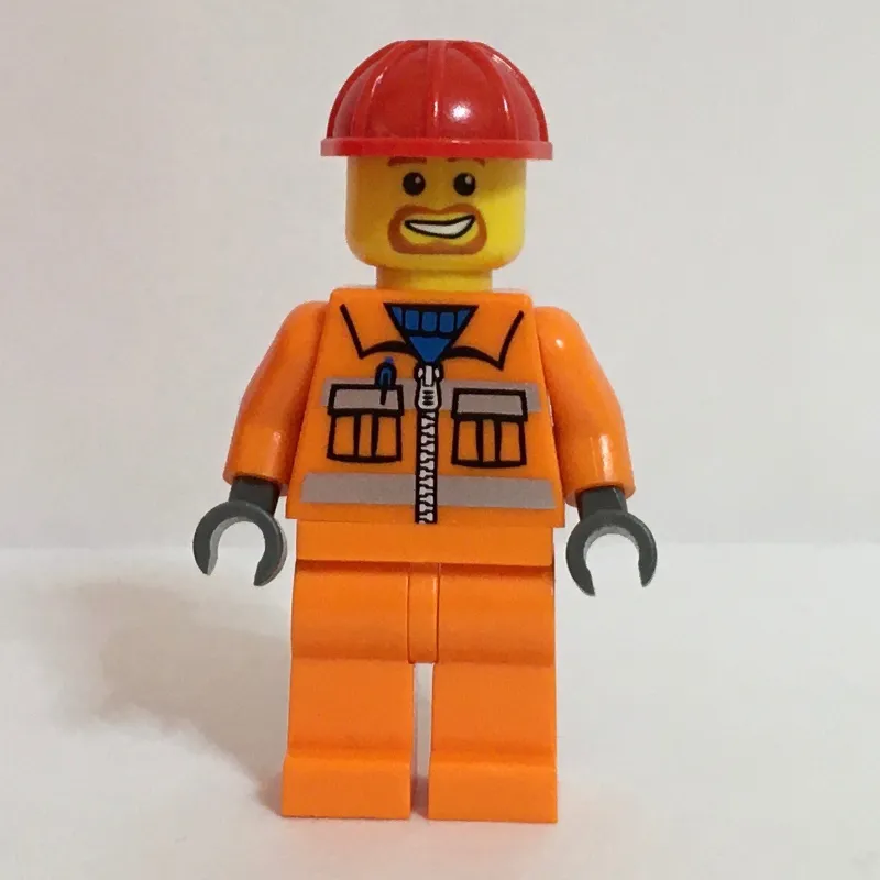 Construction Worker, Orange Jacket with Zipper and Reflective Stripes, Red Hard Hat, Goatee Beard