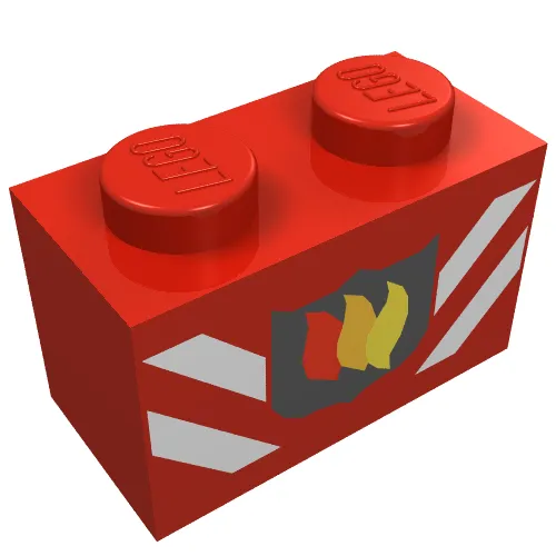 Brick 1 x 2 with Fire Logo Badge and White Stripes Print