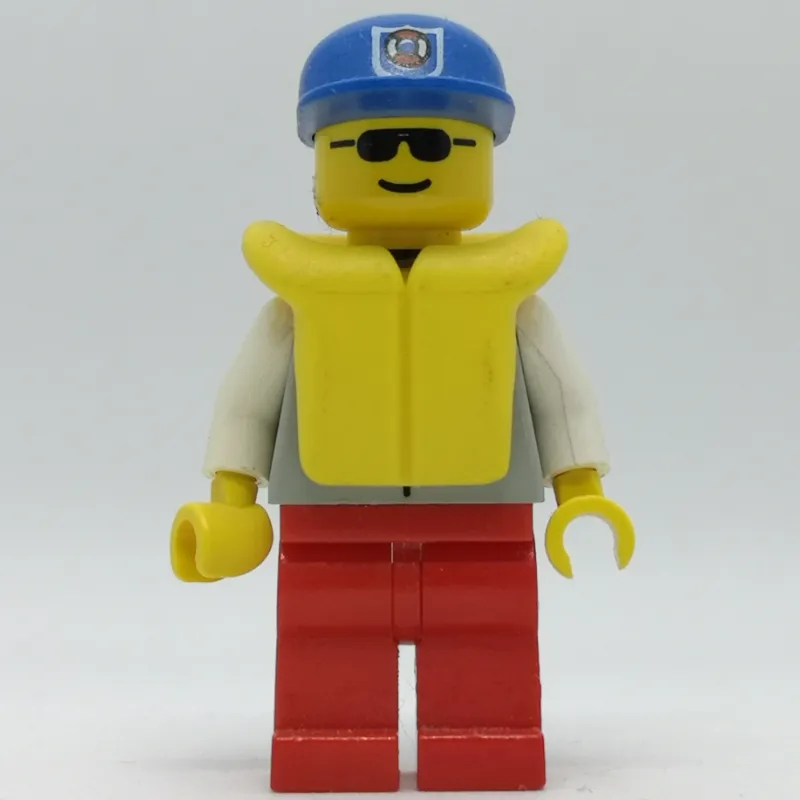 Coast Guard, Light Gray Jacket with Zipper and Badge, Blue Cap with Badge, Yellow Life Vest, Sunglasses