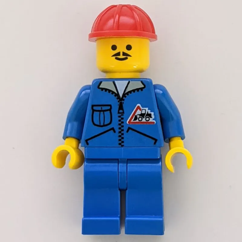 Construction Worker, Blue Jacket with Zipper and Bulldozer Badge, Blue Legs, Red Hard Hat