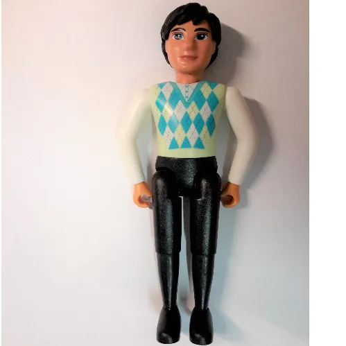 Belville Figure Fixed Elbows, Male, Black Hair, Black Legs, White Arms, Light Lime, Sky Blue, and White Argyle Top