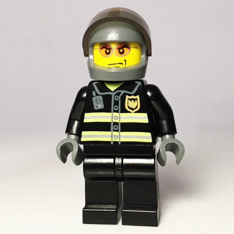 Fireman, Black Fire Jacket with Reflective Stripes, Radio, and Badge, Dark Bluish Gray Helmet with Visor, Orange Sunglasses