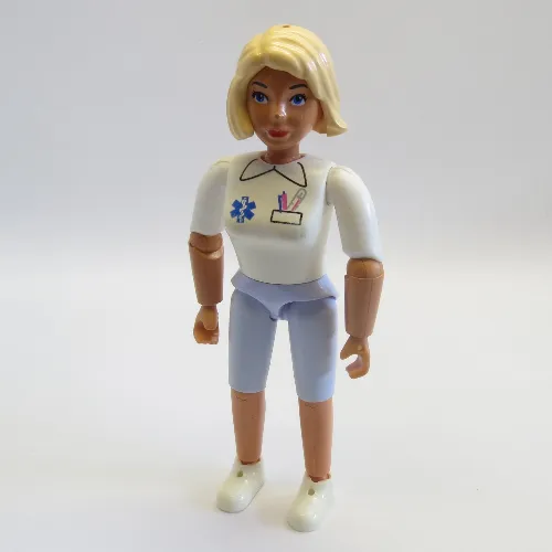 Belville Figure Articulated Elbows, Female, Light Yellow Hair, Light Blue Shorts, White Shirt with EMT Star of Life Print (Medic)