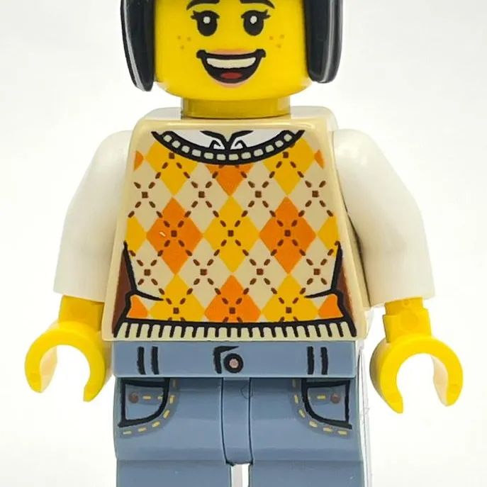 Woman, Tan Sweater Vest, Sand Blue Legs, Black Hair