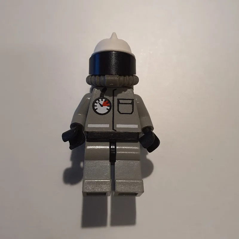 Fireman, Light Gray Fire Suit with Gauge and Pocket, White Helmet with Visor, Breathing Apparatus, Airtanks, Moustache