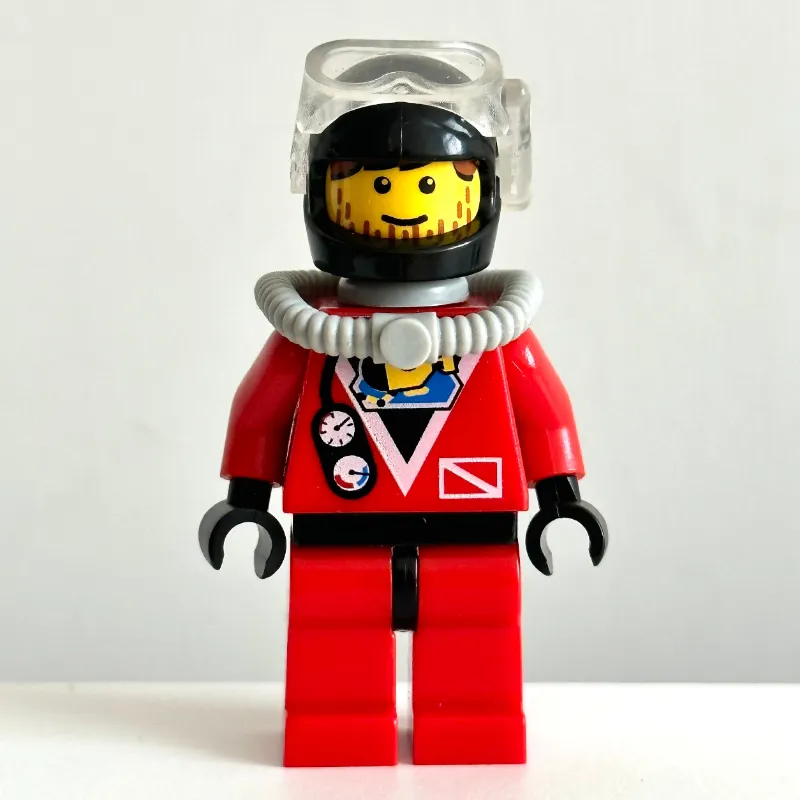 Diver, Man, Red Wetsuit, Black Helmet with Mask, Airtank, Stubble