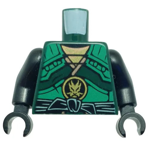 Torso Armor with Green Straps and Black Sash with Golden Dragon Emblem Print, Black Arms and Hands