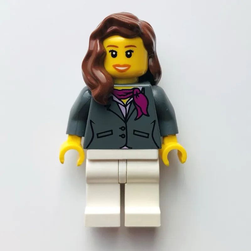 Woman, Dark Bluish Gray Jacket with Magenta Scarf, White Legs, Reddish Brown Hair