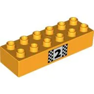 Duplo Brick 2 x 6, with Number 2 and Black and White Checkered Print