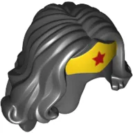 Hair and Tiara, Long Wavy, Yellow Tiara with Red Star Print (Wonder Woman)