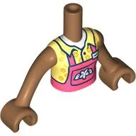 Minidoll Torso Girl with Coral Overall, White flower, Bright Light Yellow Shirt print, Medium Nougat Arms and Hands