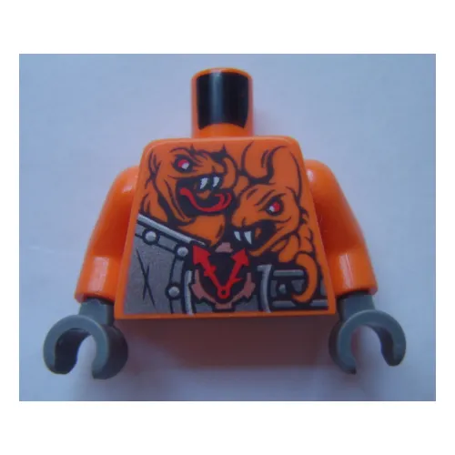 Torso Armor with Rivets, Clock and 4 Orange Snakes with Red Eyes and White Fangs Print, Orange Arms, Dark Bluish Gray Hands