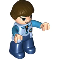 Duplo Figure with 'Bowl Cut' Brown Hair, Light Bluish Gray Spacesuit with Badge and Medium Azure Sleeves, Light Nougat Hands and Face with Freckles, Dark Blue Legs (Miles)