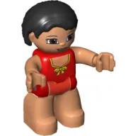Duplo Figure Bob / Pageboy Hair Black, with Nougat Face, with Red Swimsuit with Yellow Bow, and Nougat Legs