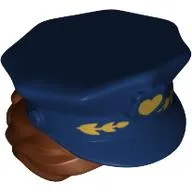 Hair and Hat, Bun, Police with Dark Blue Top with Gold Heart and Reddish Brown Hair Print