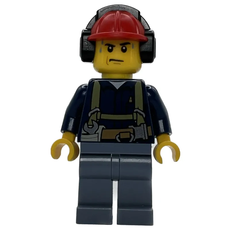 Construction Worker, Dark Blue Shirt with Harness, Red Hard Hat with Ear Defenders, Sweat Drops