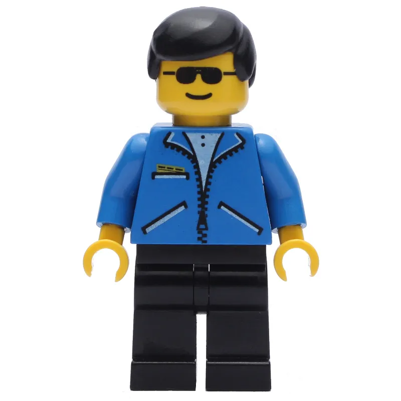 Man, Open Blue Jacket with Zipper, Black Legs, Black Hair, Sunglasses