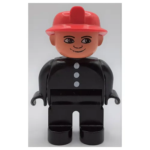 Duplo Figure, Early, Fire Helmet Red, Black Legs, White Buttons Print
