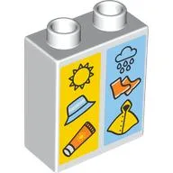 Duplo Brick 1 x 2 x 2 with Sun, Hat, and Sunscreen on Yellow Background, and Rain Cloud, Rain Boots, Raincoat on Blue Background Print