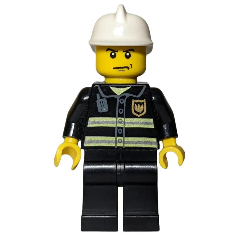 Fireman, Black Fire Jacket with Reflective Stripes, Radio, and Badge, White Helmet, Stern