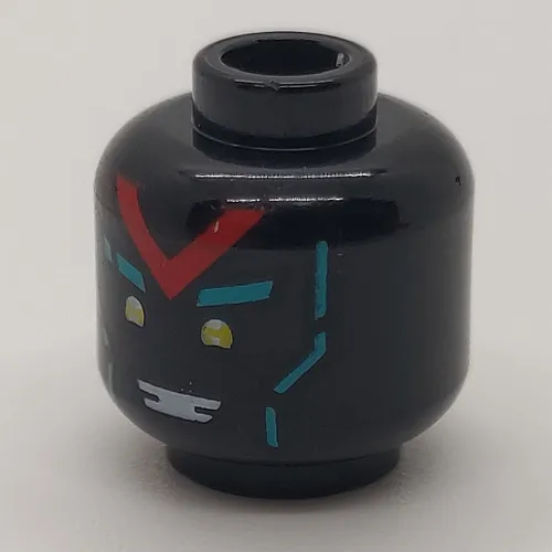 Minifig Head Unagami, Yellow Eyes, Red 'V', Dark Turquoise Eyebrows and Lines / Angry with Red Squares Print