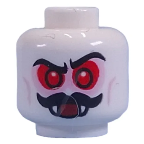 Minifig Head Bat-Lord, Red Eyes, Moustache, Fangs, Mean Smile with Sand Blue Eyeshadow / Open Mouth with Red Eyeshadow Print