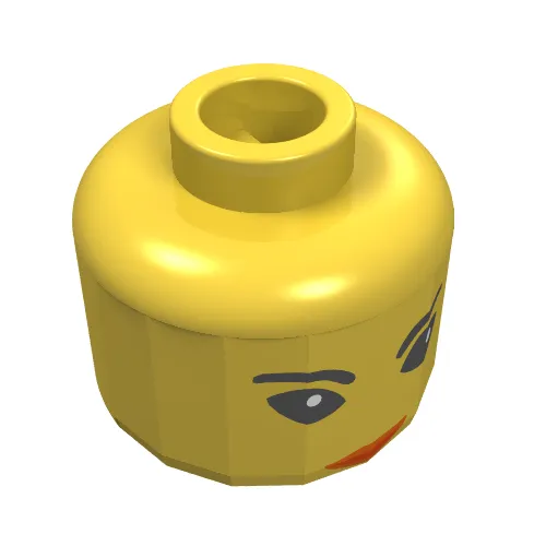 Minifig Head Jing Lee / Queen, Big Eyes, Curved Eyebrows, Orange Mouth Print