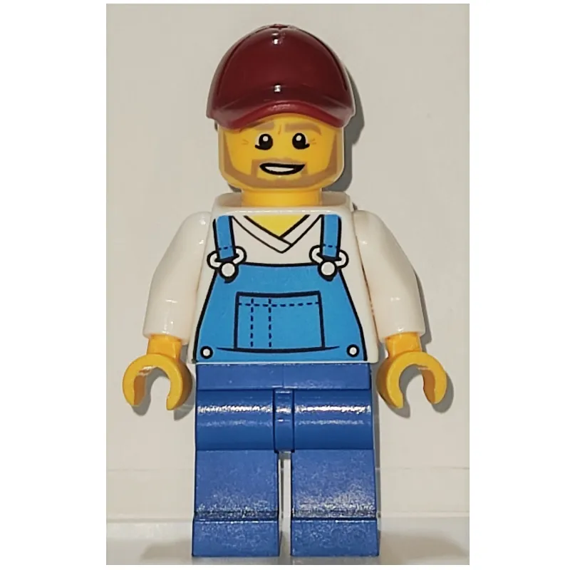Man, Blue Overalls over White V-Neck Shirt, Dark Red Cap, Beard