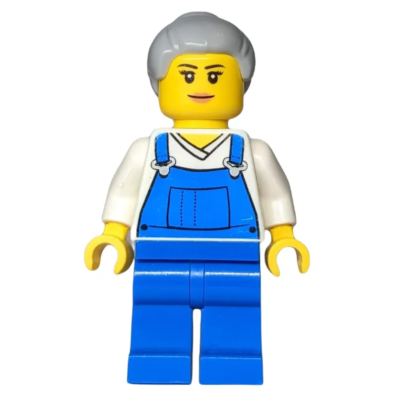 Woman, Blue Overalls over White V-Neck Shirt, Light Bluish Gray Hair